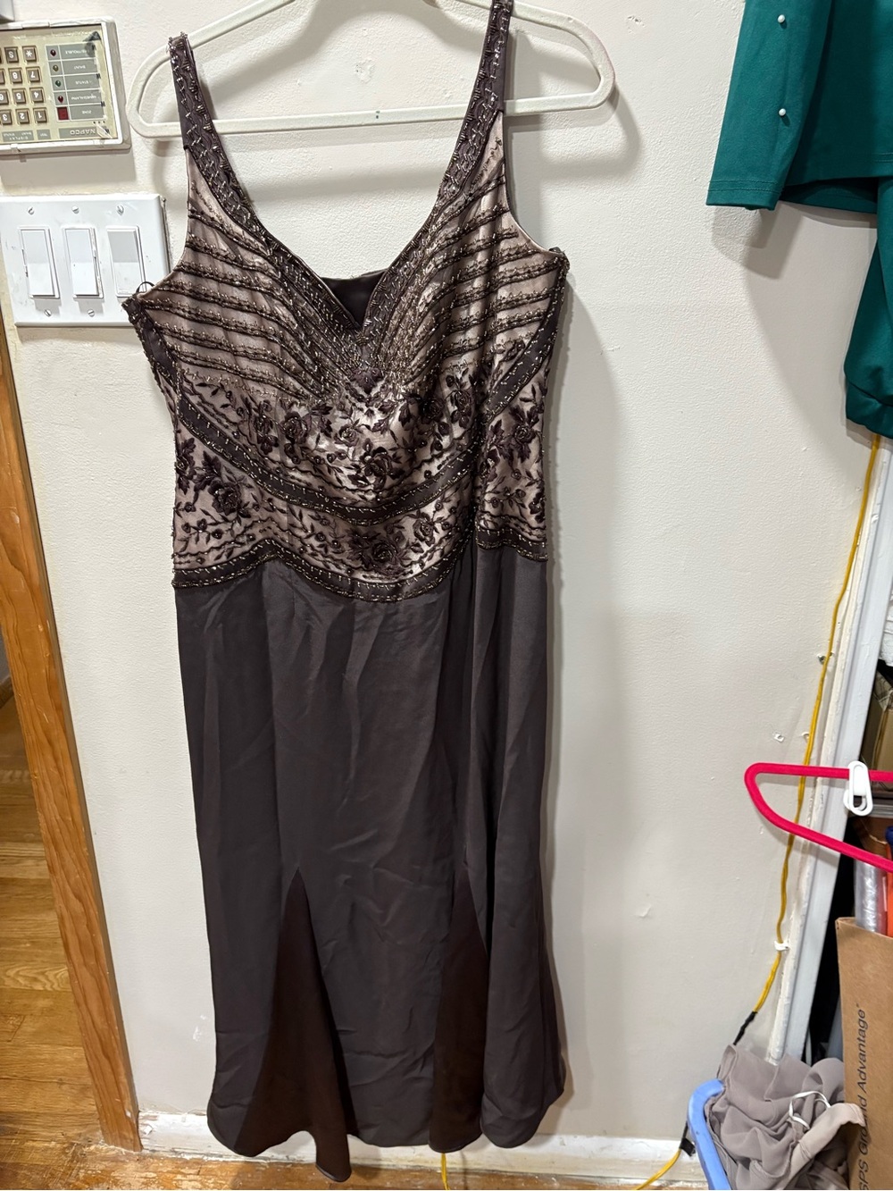 Beaded Black and Taupe Maxi Evening Dress